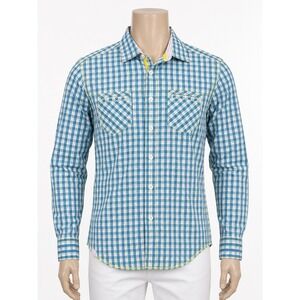 Marc Ecko Cut & Sew Mens Large Blue Gingham Plaid Button Down Shirt Neon Stitch
